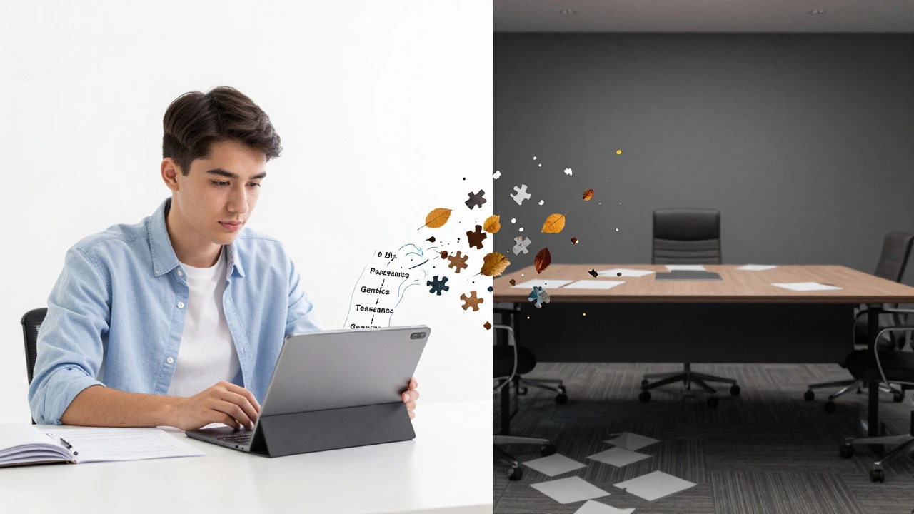 Split view of a student learning via tablet versus an empty, unstable corporate boardroom.