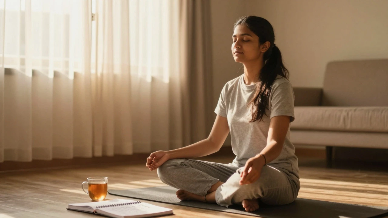 Student practicing meditation in a sunlit room with study materials nearby