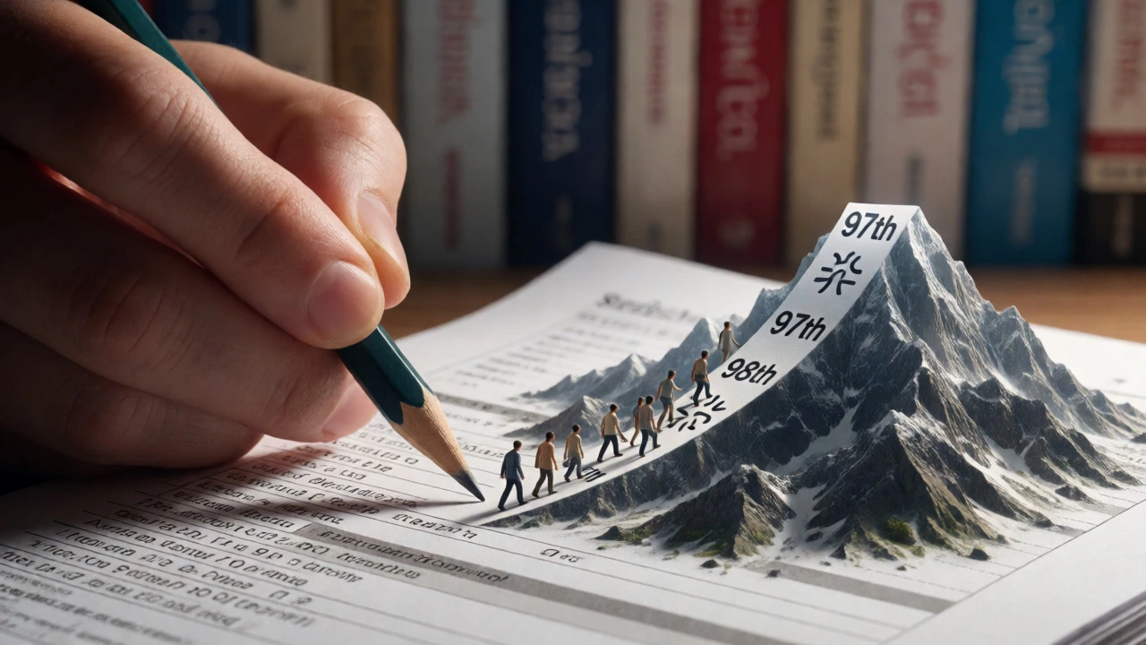 Close-up of hand writing on test paper transforming into mountain peaks