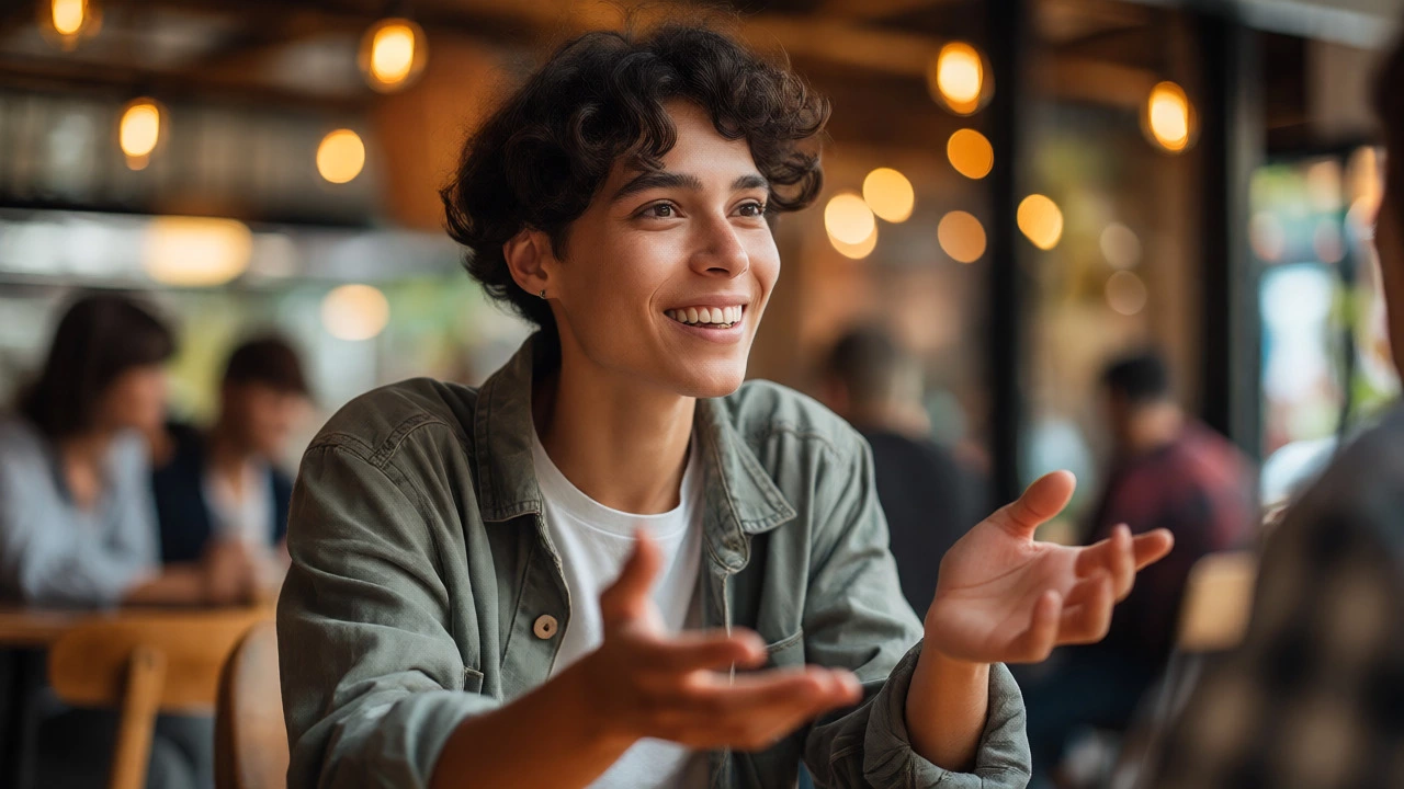Confident person having a fluid conversation in a cafe without worrying about errors