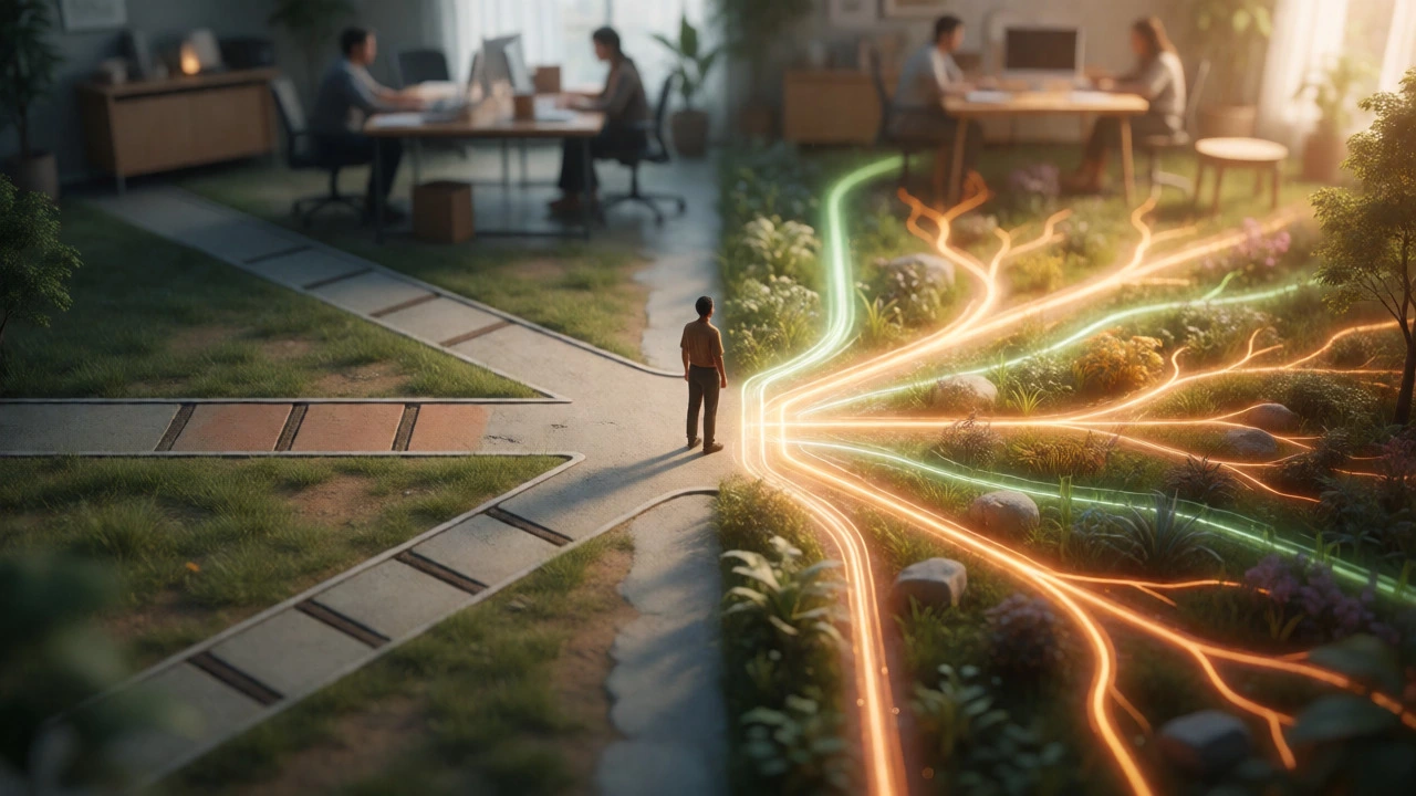 Contrast between rigid traditional learning and adaptive AI pathways
