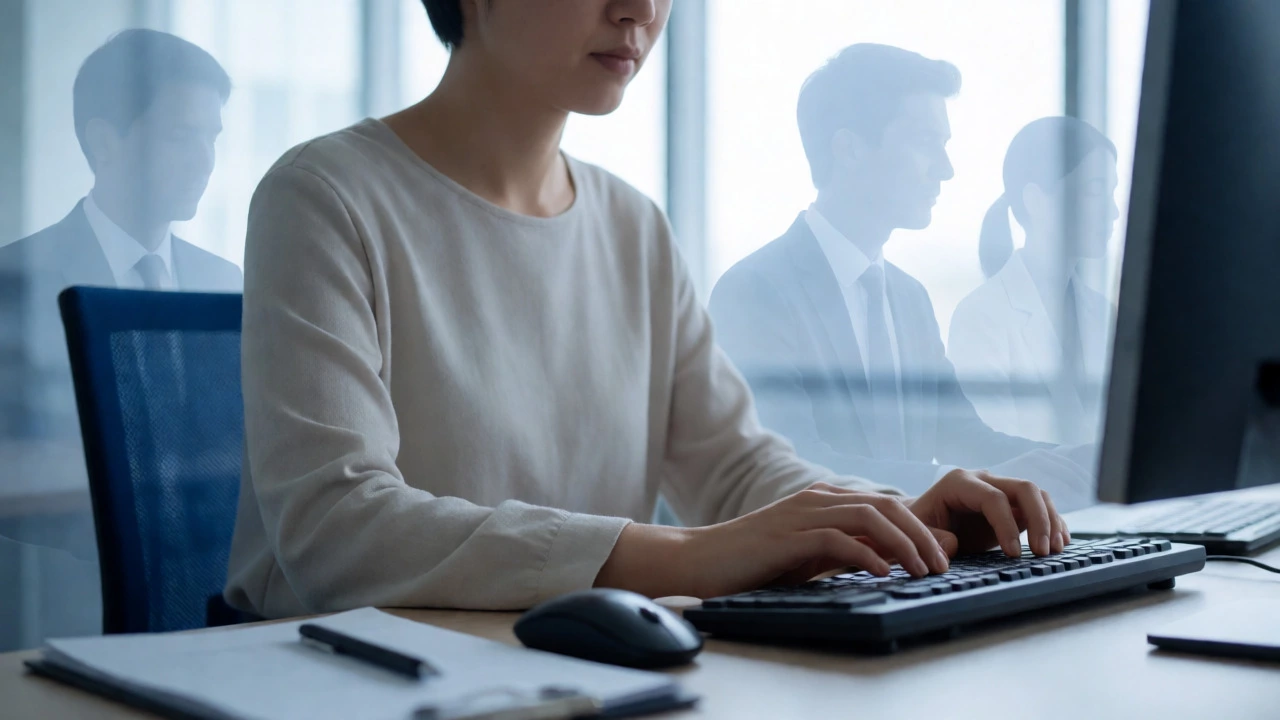 Focused employee working efficiently at a desk in a government office.