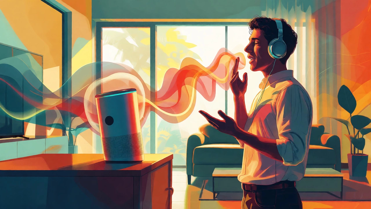 Individual practicing shadowing technique by repeating audio in a bright room