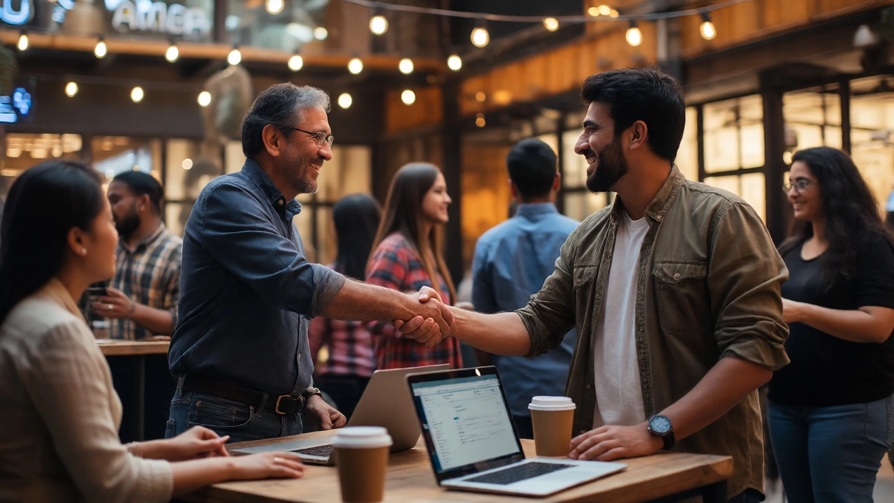 Older professional networking with younger developers at a tech meetup
