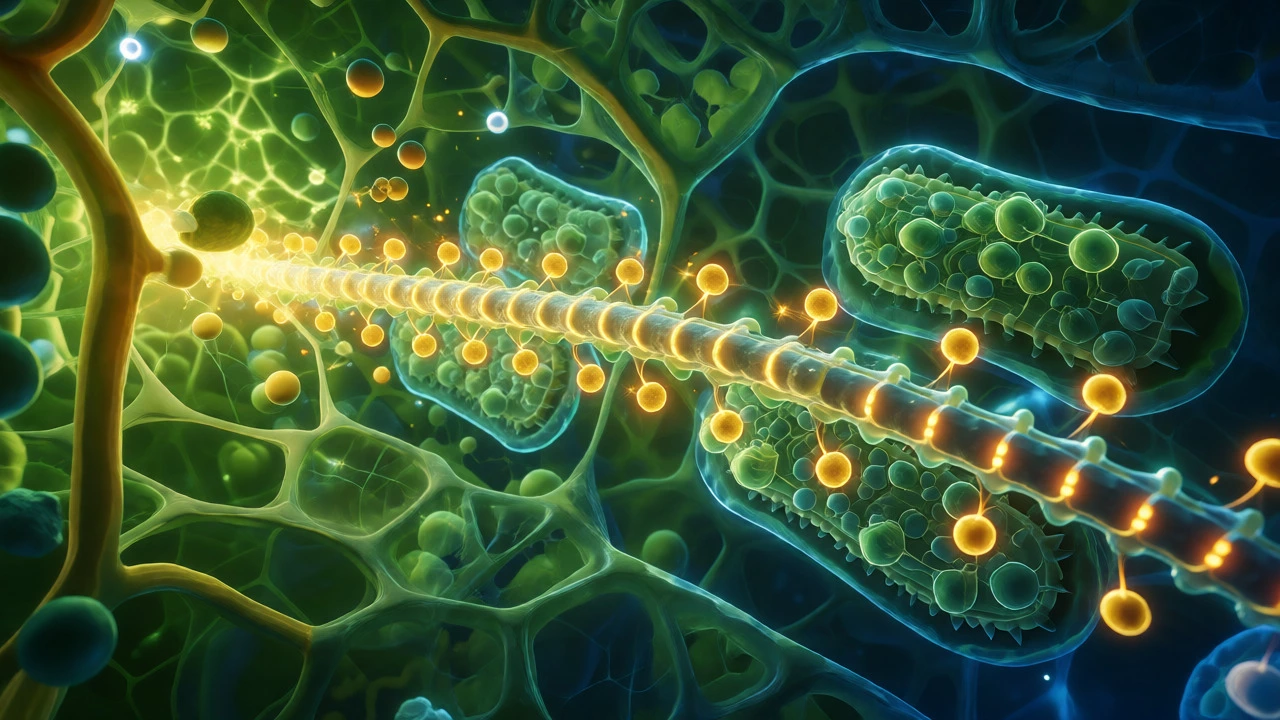 Surreal microscopic view of photosynthesis and cellular processes in plants