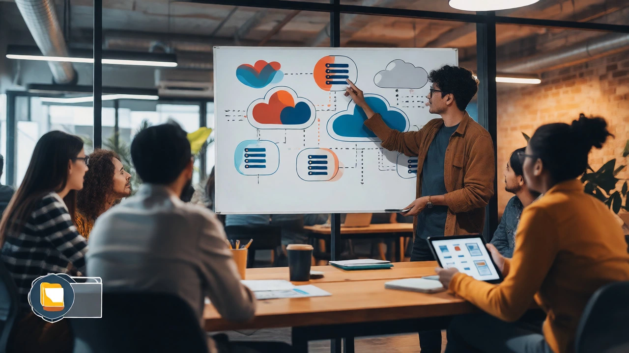 Team collaborating in a modern office discussing cloud projects
