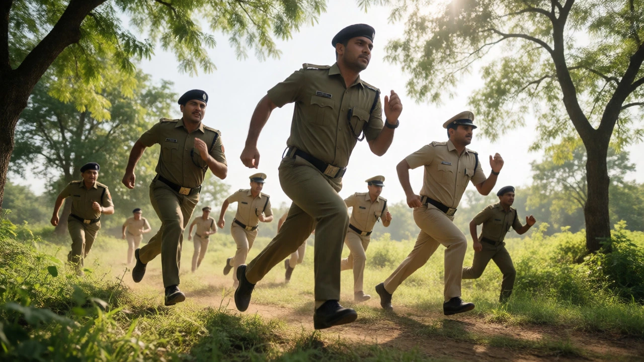 Uniformed officers performing physical tests in a green outdoor setting.