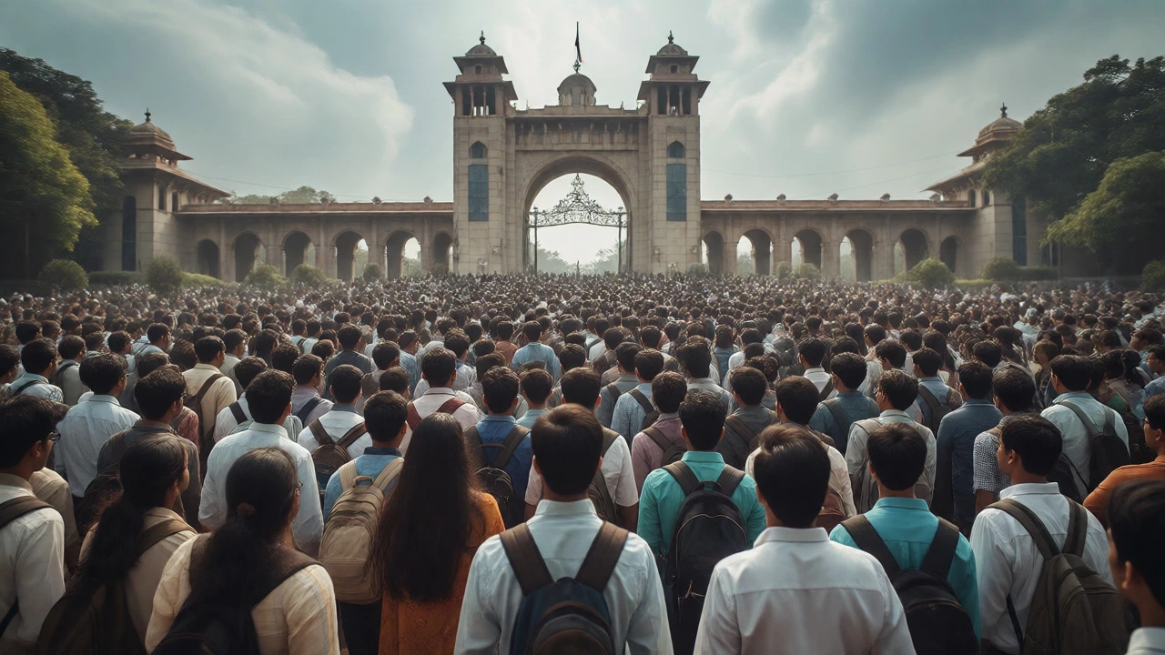 A large crowd of students approaching a university entrance gate.