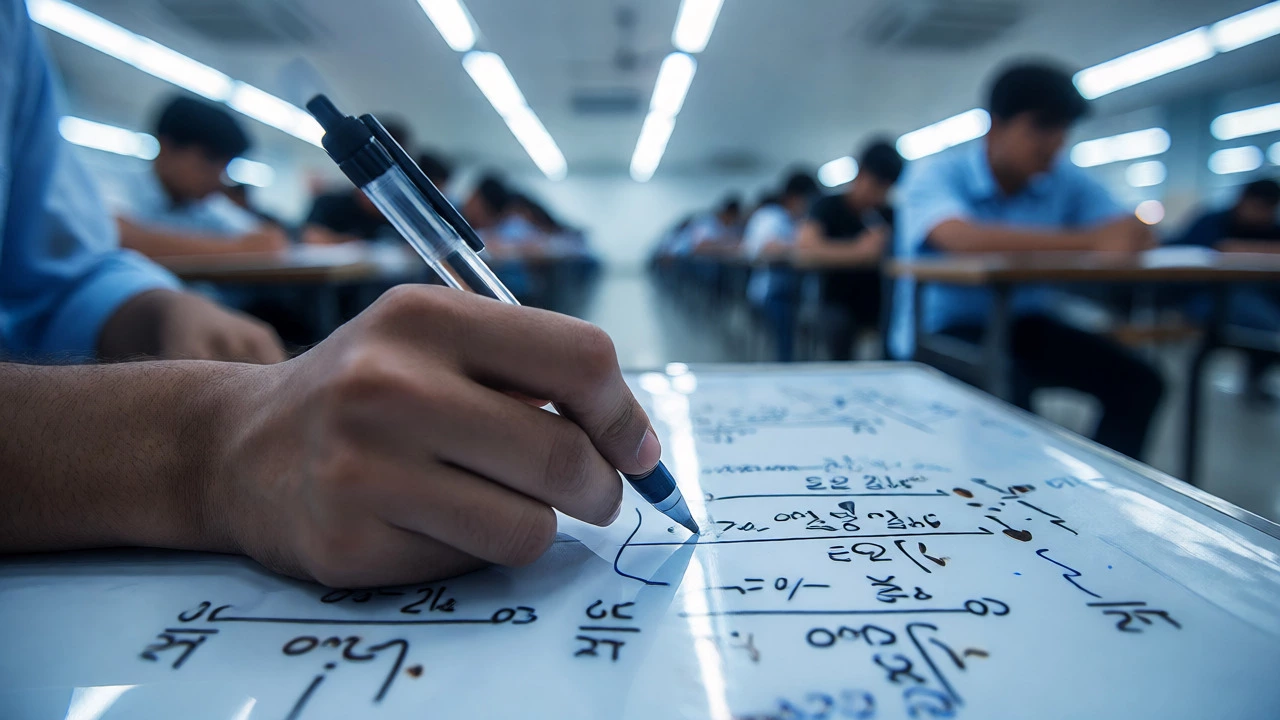 Close-up of hands writing math problems quickly under exam pressure.