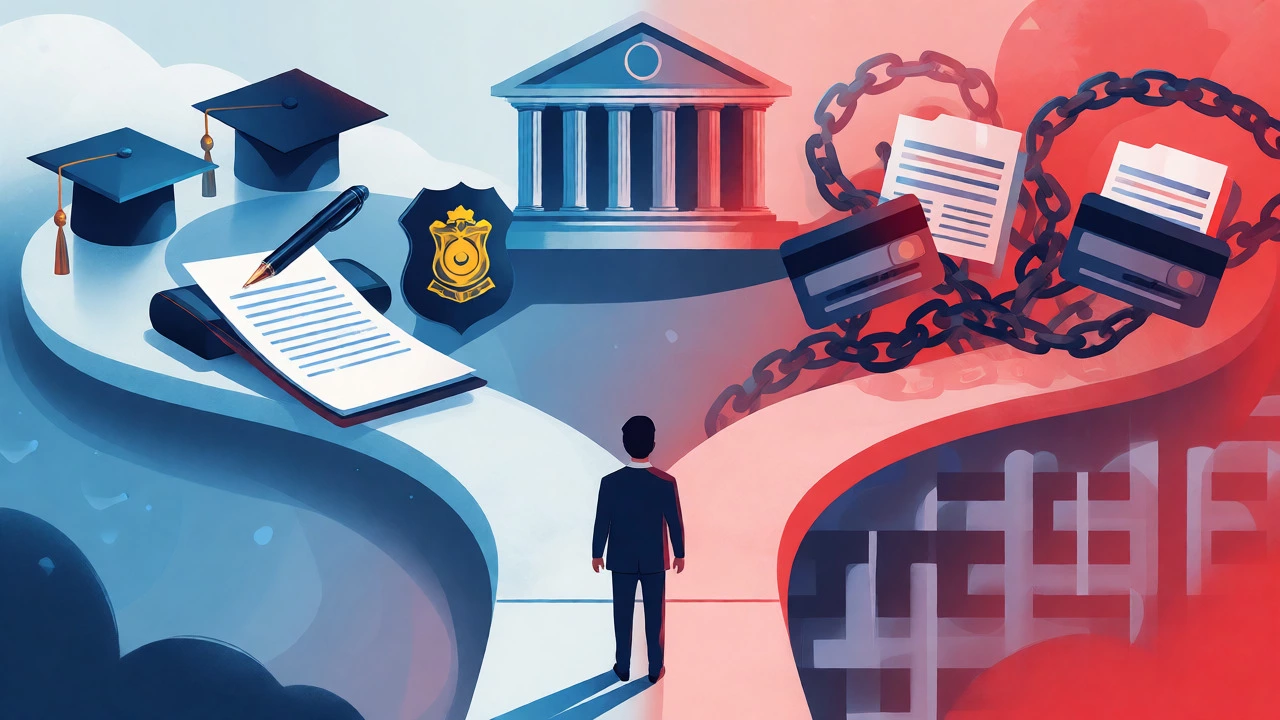 Conceptual art contrasting merit-based hiring with financial debt