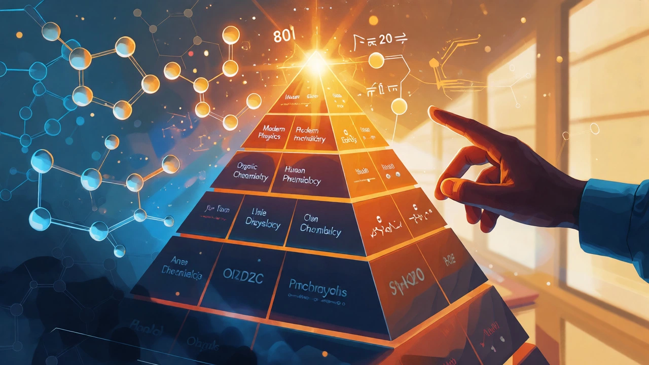 Conceptual illustration of high-yield NEET topics forming a glowing strategic pyramid.