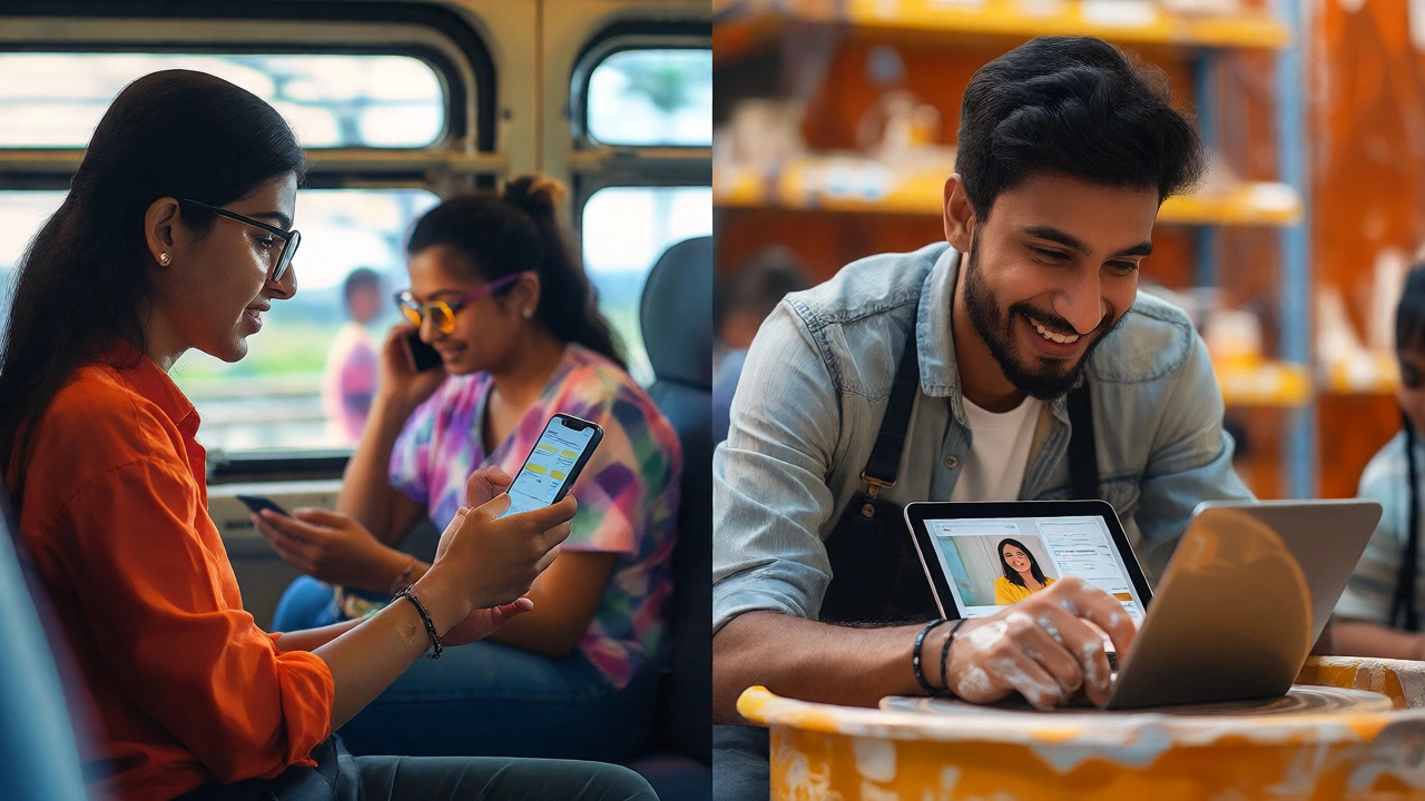 Diverse students accessing online courses via mobile and tablet