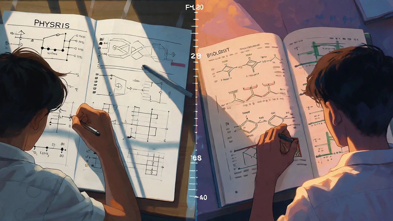 Split view of a student doing Physics calculations by day and Chemistry/Biology at night.