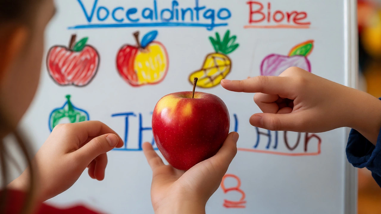 Students learning vocabulary by handling real objects like apples alongside visual aids.