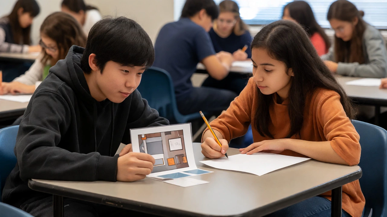 Two students collaborating on a pair work activity, one describing and the other drawing.